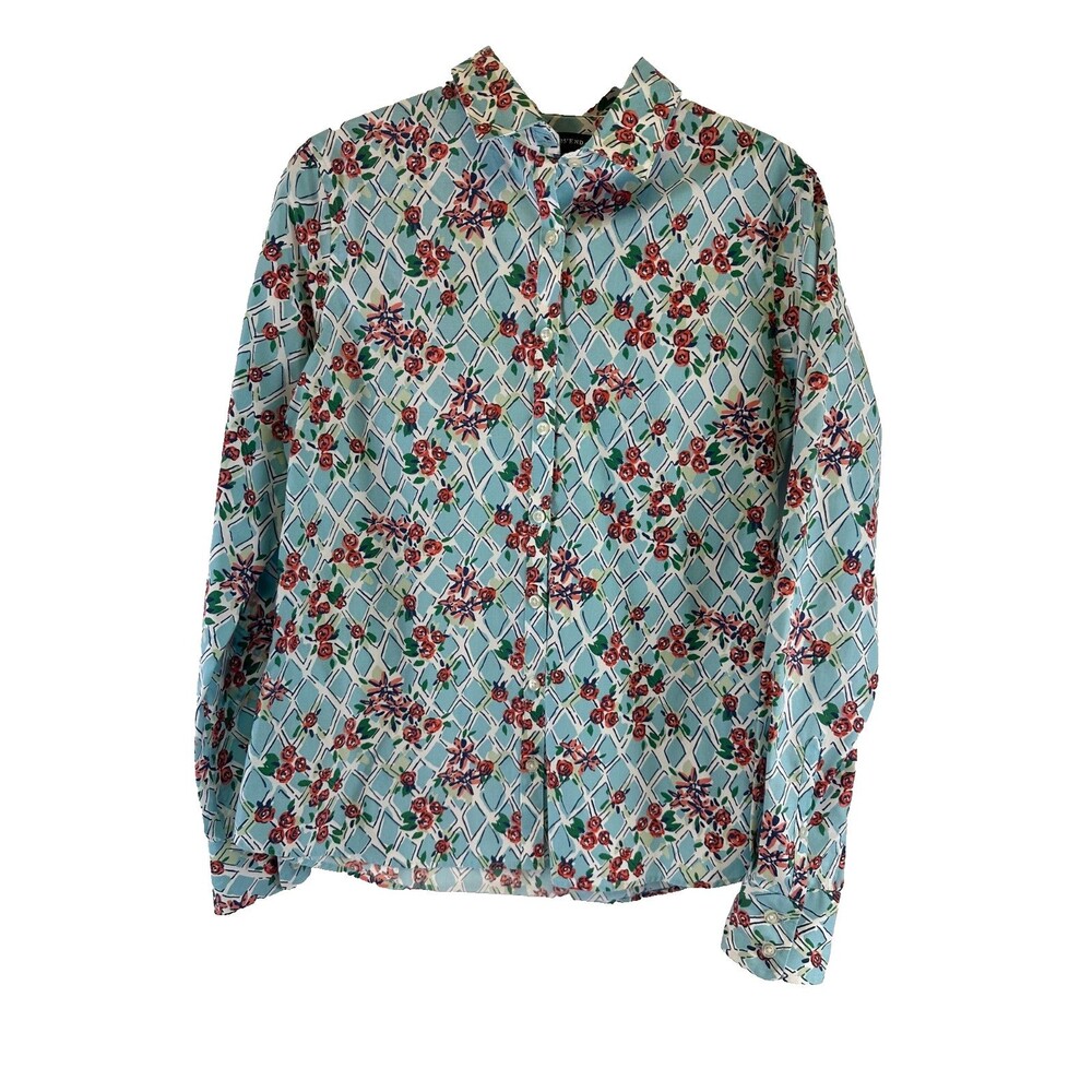 Lands End No Iron Supima Cotton‎ Shirt Collared Button Down Blue Pink Floral 4